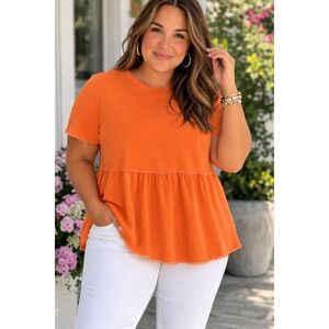 Lands End Womens 2X 20W-22W Orange Peplum Top Short Sleeve Babydoll Scoop Neck